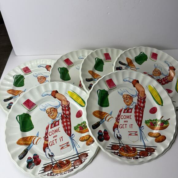 unknown Other - Lot 6 MCM Come and Get It BBQ Plastic plates 1950's jolly man steak display prop